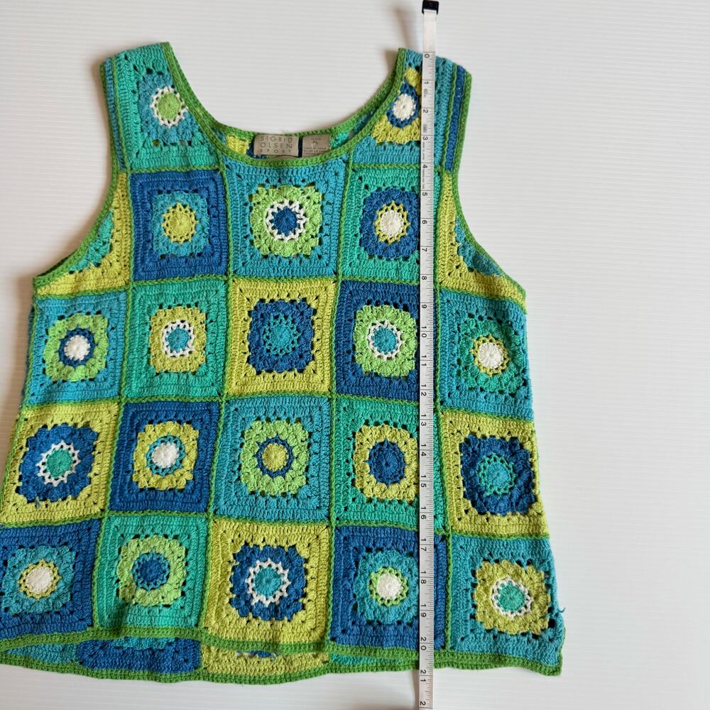 Sigrid Olsen Crochet Tank Top L Granny Square Boho Linen Cotton Cropped Petite - Picture 5 of 12